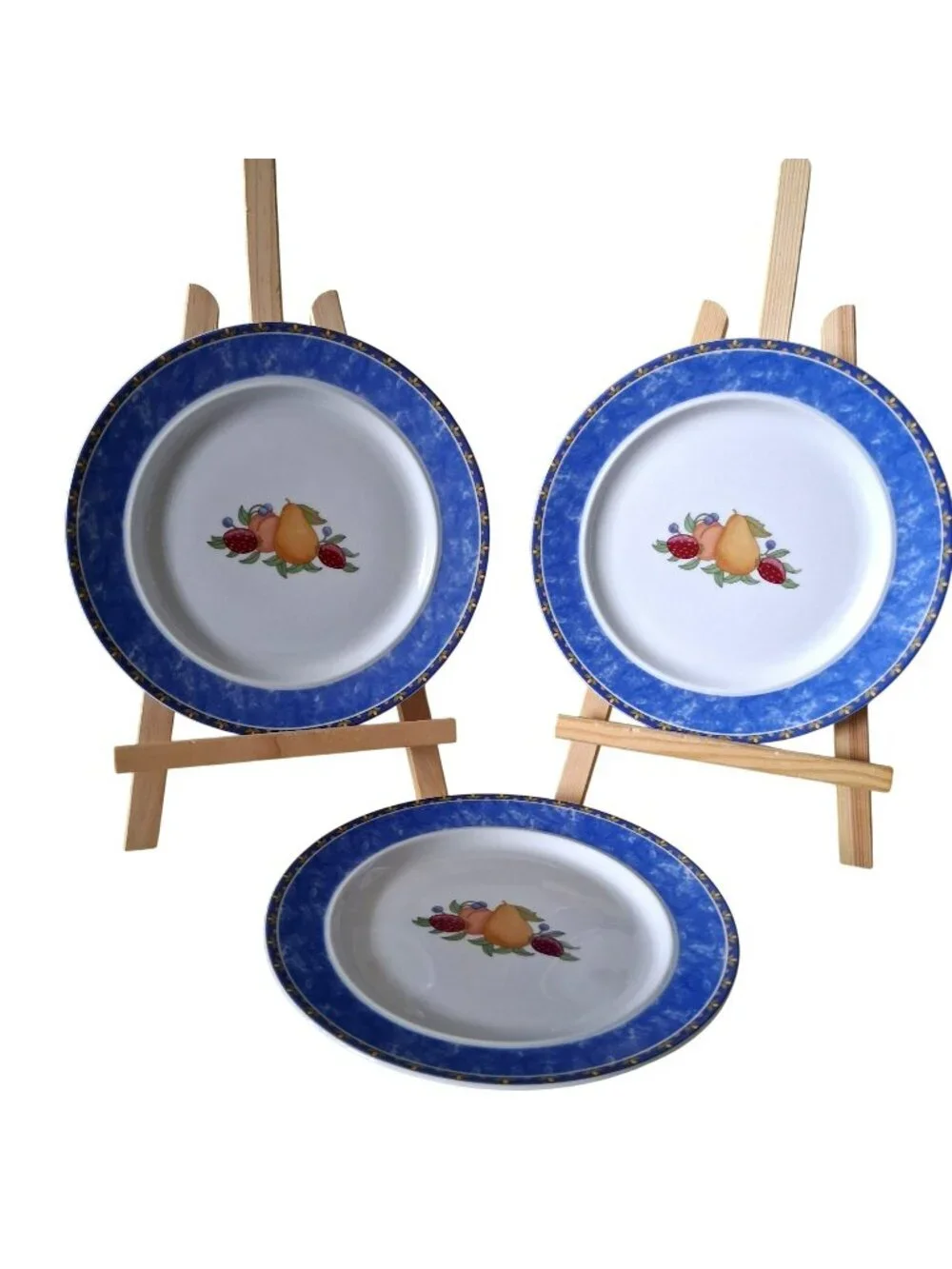 Dansk Fiance Fruits Salad Bread & Butter Plates Blue Rim Set Of 3 Porcelain 9
